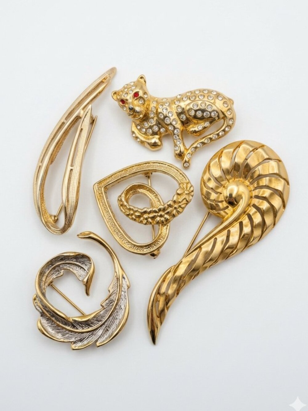Sarah Coventry Gold-Tone Animal & Heart Brooch Lot with Clear Rhinestones
